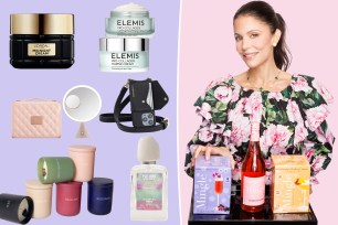 Bethenny Frankel with a box of mocktails, split with beauty products and candles