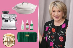 Martha Stewart with insets of a white pan, skincare and a coffee machine