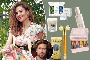 Eva Mendes split with an inset of Ryan Gosling and images of skincare products. macaroons and sponges