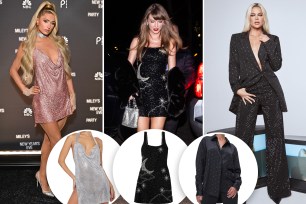 Paris Hilton, Taylor Swift and Khloé Kardashian with insets of two dresses and a black sparkly shirt