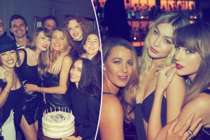 Two split photos of Taylor Swift celebrating her birthday with her friends