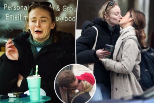 A split photo of Sophie Turner sitting and smoking and Sophie Turner kissing a friend and a small photo of her kissing Peregrine Pearson