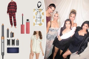 The Kardashians with insets of beauty products and pajamas