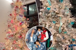 Christmas trees with an inset of Cardi B and Offset with their kids.