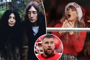 Taylor Swift, Yoko Ono, Travis Kelce, John Lennon split image.