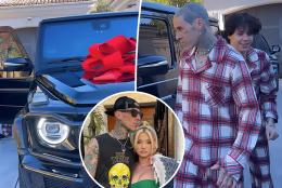 Travis Barker with his kids and a car split image.