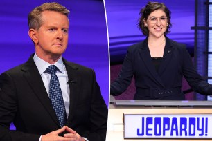 A split photo of Ken Jennings hosting "Jeopardy!" and Mayim Bialik hosting "Jeopardy!"