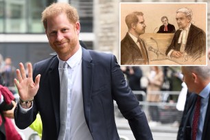Prince Harry waving split with a drawing of him in court.