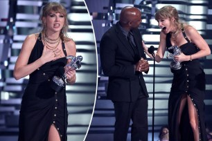A split of Taylor Swift winning awards at the 2023 VMAs.
